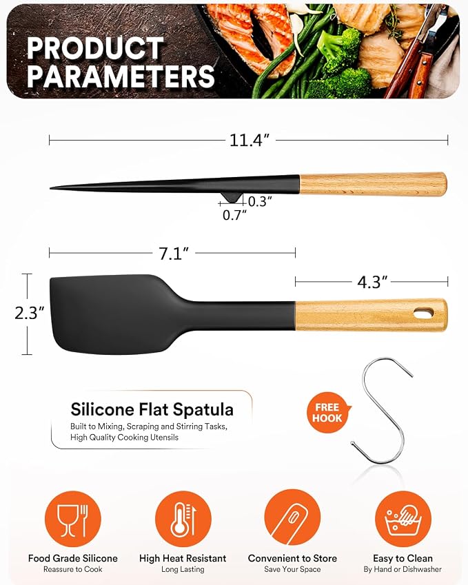Silicone Heavy-Duty Spatula, Great For Tough Mixing And Stirring, Sturdy Bpa-Free Matte Silicone, Wooden Handle Rubber Scraper For Nonstick Cookwares (BLACK)