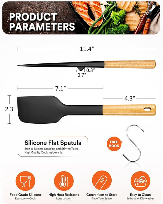 Silicone Heavy-Duty Spatula, Great For Tough Mixing And Stirring, Sturdy Bpa-Free Matte Silicone, Wooden Handle Rubber Scraper For Nonstick Cookwares (BLACK)