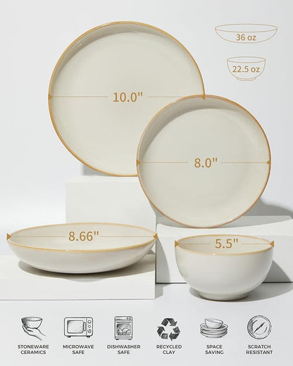 Pokini 16 Piece Double Bowl Dinnerware Sets with Pasta Bowls, Highly Chip and Crack Resistant Plates and Bowls Sets, Natural Earthyware Ceramic Dishware Sets, Service for 4 Yellow White