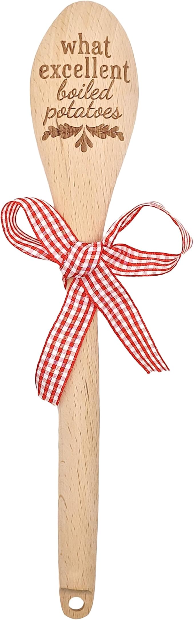 Jane Austen Wooden Spoon with Red Gift Bow – Pride and Prejudice Quote “What Excellent Boiled Potatoes” – Funny Literary Kitchen Utensil & Gift for Book Lovers