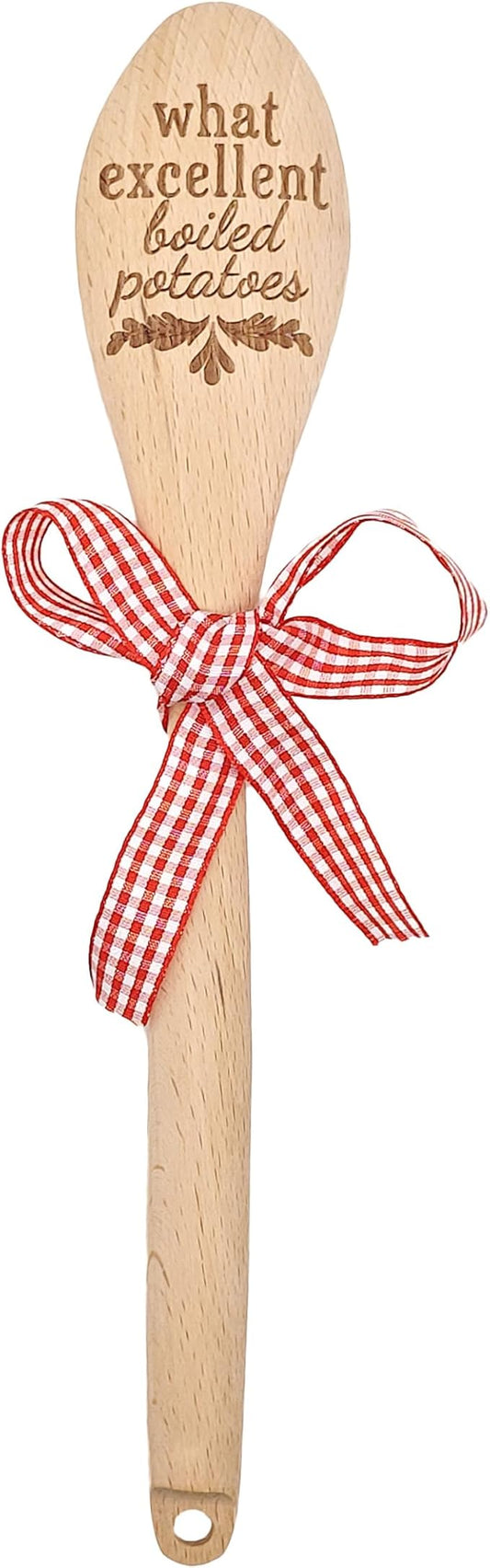 Jane Austen Wooden Spoon with Red Gift Bow – Pride and Prejudice Quote “What Excellent Boiled Potatoes” – Funny Literary Kitchen Utensil & Gift for Book Lovers