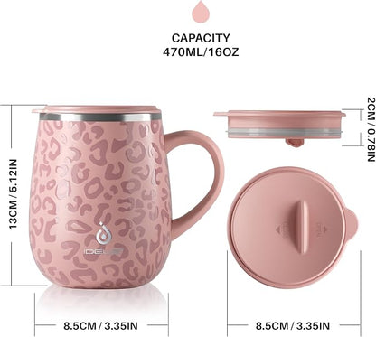 Ideus 16 oz (470 ml) Insulated Coffee Mug with Handle and Lid, Double Wall Stainless Steel Vacuum Thermal Coffee Mug, Travel Coffee Cup Thermal Cup for Home and Office, Leopard Pink