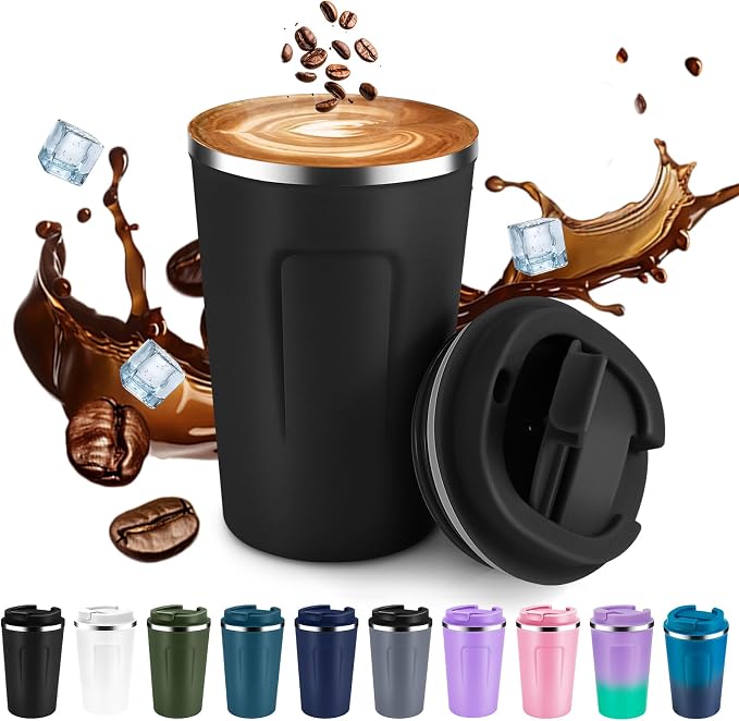 Volhoply 12 oz Double Wall Insulated Vacuum Travel Coffee Mug with Flip Lid,Reusable Stainless Steel Leak Proof Coffee Cup,Portable Iced Cafe Thermal Tumbler Suitable for Hot&Cold Drinks(Black,1 Set)