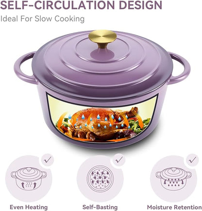 Miereirl 4.5 Quart Enameled Dutch Oven Pot with Lid, Cast Iron Dutch Oven with Dual Handles for Bread Baking, Cooking, Non-stick Enamel Coated Cookware, Purple
