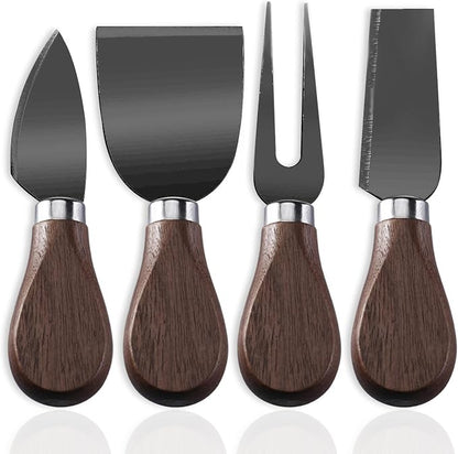 Linwnil 4-Piece Set of Stainless Steel Cheese Knives with Wood Hand, Including Cheese Slicer and Cheese Cutters, Essential Cheese Tools for the Kitchen (Walnut handle, Black)