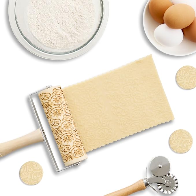 Mrs. Anderson’s Baking Mini Embossing Rolling Pin, Floral Scroll Design, Poplar Wood and Chrome-Plated Iron