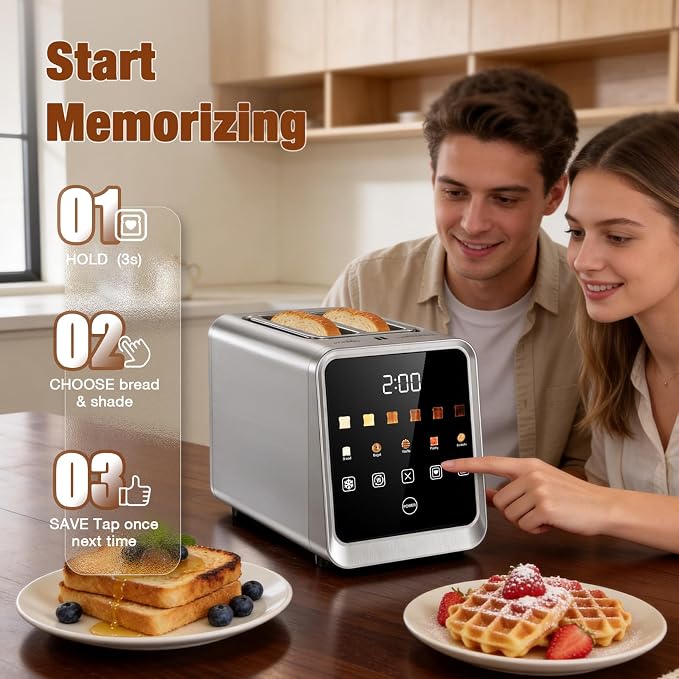 2 Slice Toaster, Smart Digital Touchscreen with Memory Function, 1.5" Extra-Wide Slots, 5 Bread Types & 6 Browning Settings, 900W for Fast Toasting, Defrost & Reheat Modes