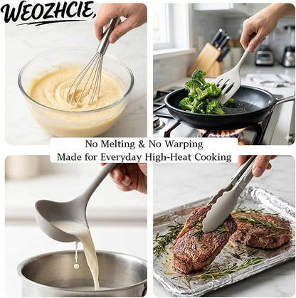 Silicone Kitchen Utensils Set,10 PCS Cooking Kitchen Utensils Set, Nonstick Kitchen Utensils 446°F Heat-Resistant Cookware Kitchen Tools of Spoon,Brush,Whisk,Spatula,Turner Tongs(Khaki)