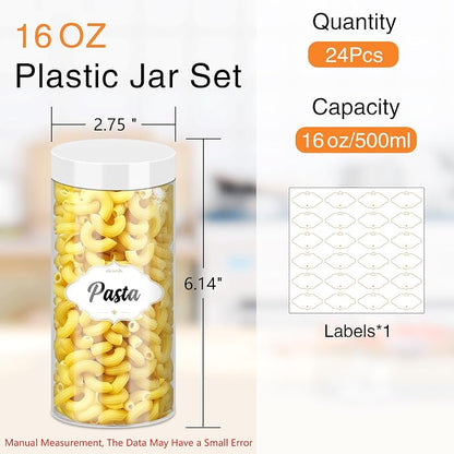 PeacePeo 24 Pcs Plastic Jars, 16 OZ Plastic Jars with White Lids Clear Airtight Slime Containers Refillable Round Empty Storage Containers Jar for Kitchen & Household Dry Food Storage