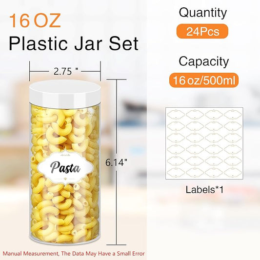 PeacePeo 24 Pcs Plastic Jars, 16 OZ Plastic Jars with White Lids Clear Airtight Slime Containers Refillable Round Empty Storage Containers Jar for Kitchen & Household Dry Food Storage
