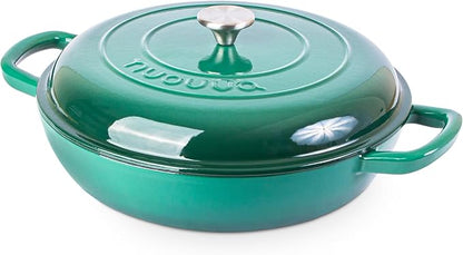 Shallow Cast Iron Casserole with Lid – Non Stick Dutch Oven Pot, Oven Safe up to 500° F – Sturdy Ovenproof Stockpot Cookware – Enamelled Cooking Pot – Dark Green, 5-Quart, 32cm – by Nuovva