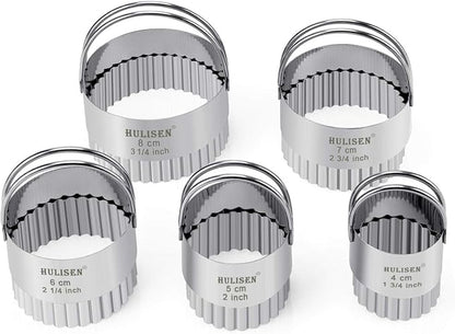 HULISEN Biscuit Cutter Set (5 Pieces/Set), Stainless Steel Round Biscuit Cutters with Handle, Wave Cookies Cutter with Fluted Edge, Professional Baking Dough Tools, Gift Package (Wave)