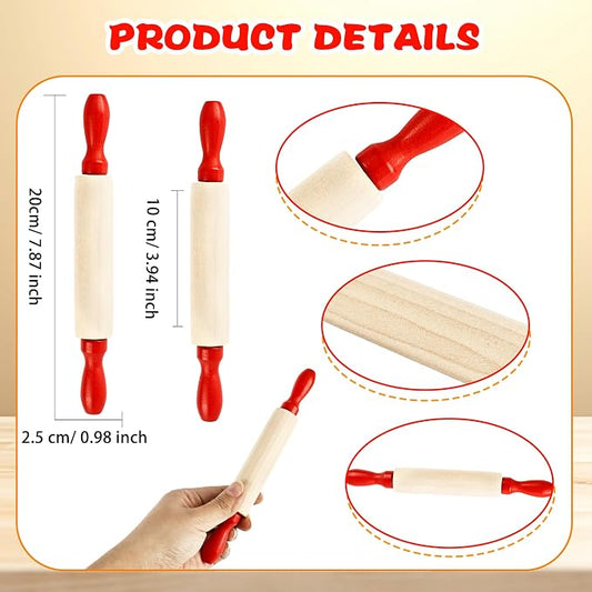 16 Pcs 8 Inch Mini Wooden Rolling Pins Small Wood Rolling Pin Wooden Roller with Red Handle for Kitchen Baking Pastry Cake Cookie Chef Role-playing Game