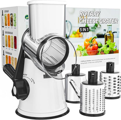 Cambom Rotary Cheese Grater Hand Crank Cheese Shredder for Fresh Cheese, Vegetable, Nuts,Non-slip Suction Base, Three Blades, Black White