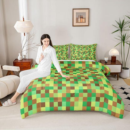 Manfei Pixelated Grid Comforter Set Queen Size,Geometric Camo Blocks Duvet Insert Adults Bedroom Decor,Miners Gamepad Games Bedding Set,Green Brown Ultra Soft Microfiber Inner Fill 3Pcs Bedding
