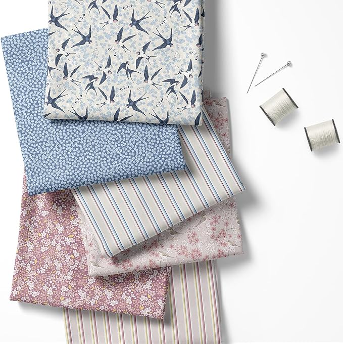 Patchwork Fabric Panel 100x155 cm, 100% Cotton Satin, 6 Coordinated Floral & Bird Patterns, Soft Blue Pink Quilting & Sewing Fabric (Spring Swallows, 6pcs 50x50cm)