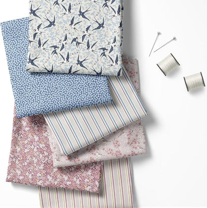 Patchwork Fabric Panel 100x155 cm, 100% Cotton Satin, 6 Coordinated Floral & Bird Patterns, Soft Blue Pink Quilting & Sewing Fabric (Spring Swallows, 6pcs 50x50cm)