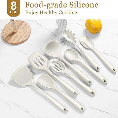 LIANYU 8Pcs Kitchen Cooking Utensils Set, Silicone Utensil Sets, Heat Resistant Kitchen Gadgets Essentials for Nonstick Cookware with Spatula, Spoon, Tuner, Ladle, Dishwasher Safe, White