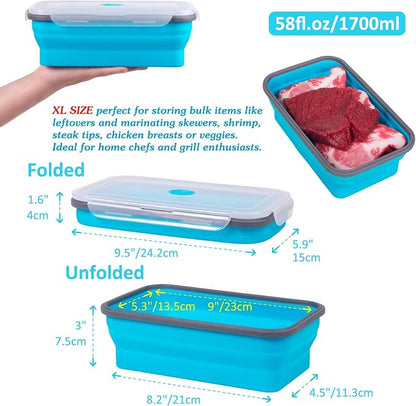 Extra Large Collapsible Food Storage Containers with Lid & Air Vent, 58 oz, 4 Pack, XL Collapsible Marinade Container with Lid Foldable Silicone Containers, Microwave Freezer Dishwasher Safe, Blue