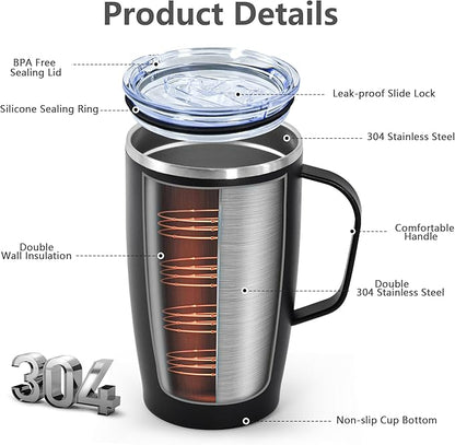 Stainless Steel Insulated Bottle, 2Pack 16oz Tumbler with Handle, Double Wall Vacuum Travel Coffee Mug with Handle for Working Travel Driving, Black
