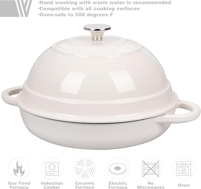 VORRINGARD Cast Iron Enameled Dutch Oven Pot with Lid for Bread Baking, Bread Oven, 6 Quart, White