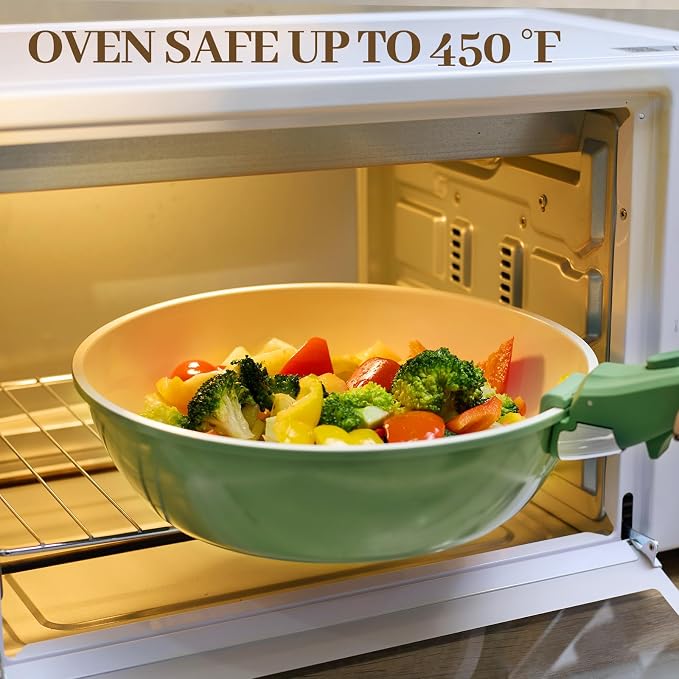 Ceramic Cookware Set 23Pcs Non Stick Pots and Pans Non Toxic with Detachable Handle Induction Kitchen Cookware Set Space Saving, Oven & Dishwasher Safe, Forest Green