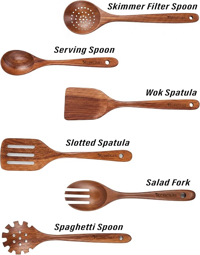 6-Piece Teak Wooden Kitchen Utensil Set – Nonstick Safe Cooking Spoons & Spatulas, Heat Resistant, Durable Natural Wood, Comfortable Grip Handles