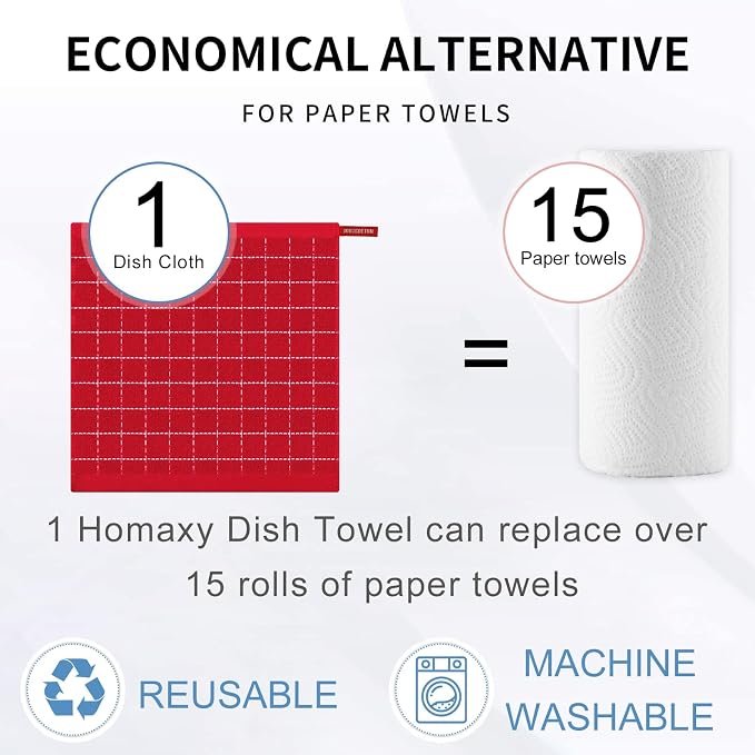 Homaxy 100% Cotton Terry Kitchen Dish Cloths, Ultra Soft and Absorbent Dish Towels for Kitchen, Suitable for Drying and Washing Dishes, 12 Pack, 12 x 12 Inches, Red
