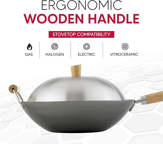 Helen's Asian Kitchen Carbon Steel 4-Piece Wok Set, 13.5-Inch With Lid