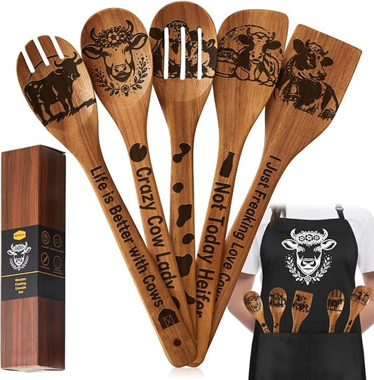 Remerry 6 Pcs Cow Gifts for Women Cow Kitchen Gift Set with Acacia Cooking Spoons Apron Kitchen Cooking Utensils Set for Mother's Day Housewarming Gift