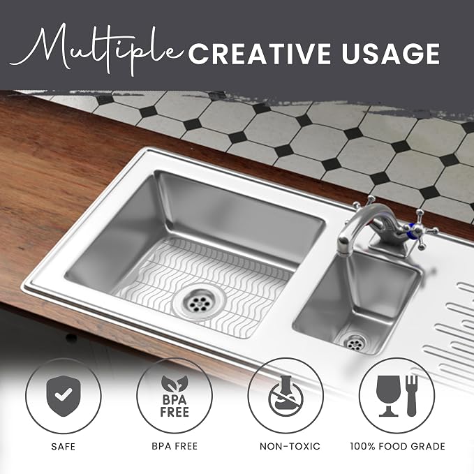 DecorRack White Sink Protectors for Kitchen, Plastic 12" x 11" Dish Rack, Protect Sink from Stains, Damage, Scratches, Dishwasher Safe Grid Mat for Kitchen (White)