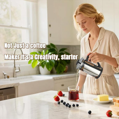 KYZ French Press Coffee Maker, 304 Stainless Steel with 4 Level Filter, 20oz Borosilicate Glass Coffee Press, Heat Resistant, Easy to Clean, 100% BPA Free for Coffee & Tea