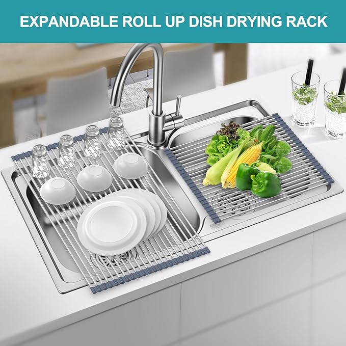 BBXTYLY Extra Large Expandable Roll Up Dish Drying Rack,Over The Sink Drying Rack Sink Cover Kitchen Sink Accessories Kitchen Rolling up Stainless Steel Drainer, Foldable,Rollable（Gray，22.8''-17.3''）
