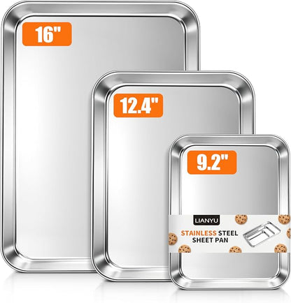 LIANYU 3 Pack Stainless Steel Baking Sheets, Cookie Sheet Pan for Baking & Roasting, 16/12.4/9.2 In, Toaster Oven Pan Cookie Baking Tray, Non Toxic & Heavy Duty & Easy Clean, Dishwasher Safe