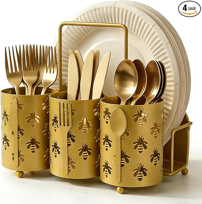 NelyBet Bee Utensil Caddy Silverware Holder Fork Spoon Napkin Paper Plate Organizer Metal Utensil Holder Cutlery Flatware Organizers for Party Kitchen Countertop Camping Picnic - Gold