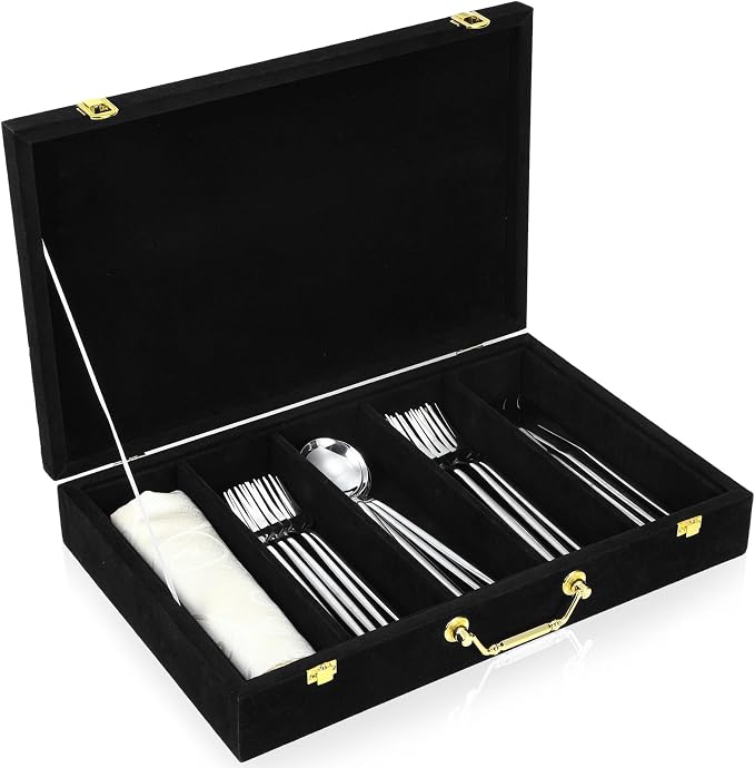 Pickmesh Silverware Case with Lid and Handle, Silverware Storage Box Sterling Silver Flatware Chest Without Silver Tarnish Proof Utensils Organizer for Kitchen Decor Wedding Gifts(Black,1 Layer)