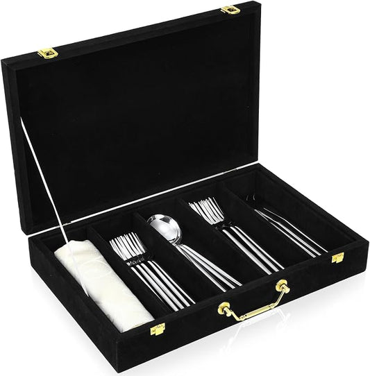 Pickmesh Silverware Case with Lid and Handle, Silverware Storage Box Sterling Silver Flatware Chest Without Silver Tarnish Proof Utensils Organizer for Kitchen Decor Wedding Gifts(Black,1 Layer)