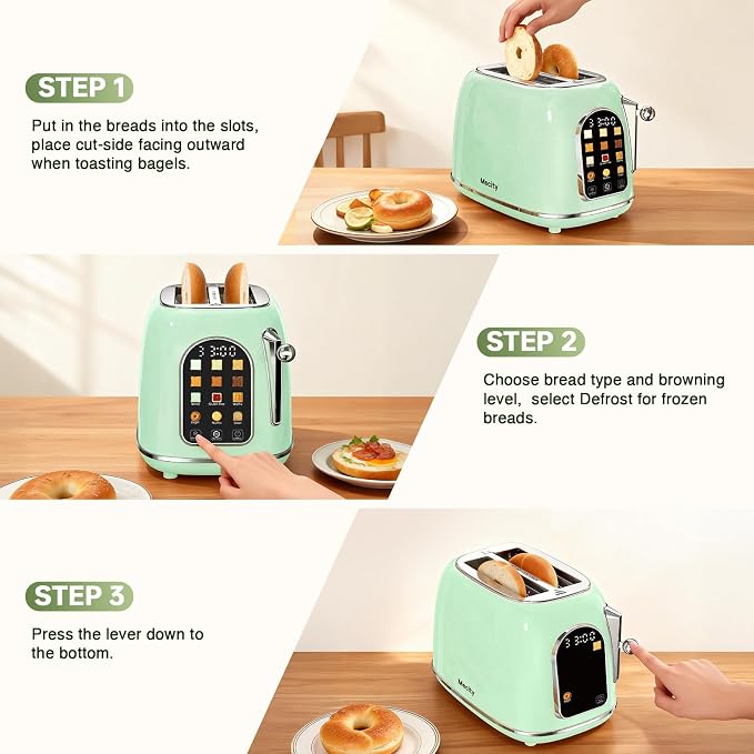 Mecity Toaster 2 Slice, Touch Screen Wide Slot Retro Toaster For Breads Bagel Muffin Waffle, House Warming Gift New Home, 120V 825W, Light Green