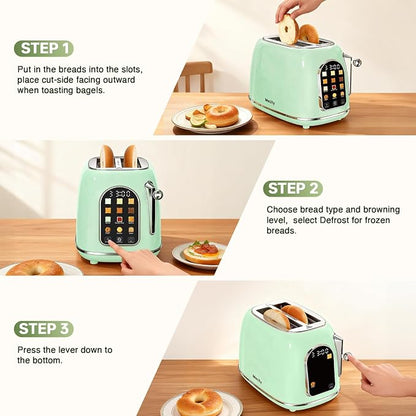 Mecity Toaster 2 Slice, Touch Screen Wide Slot Retro Toaster For Breads Bagel Muffin Waffle, House Warming Gift New Home, 120V 825W, Light Green