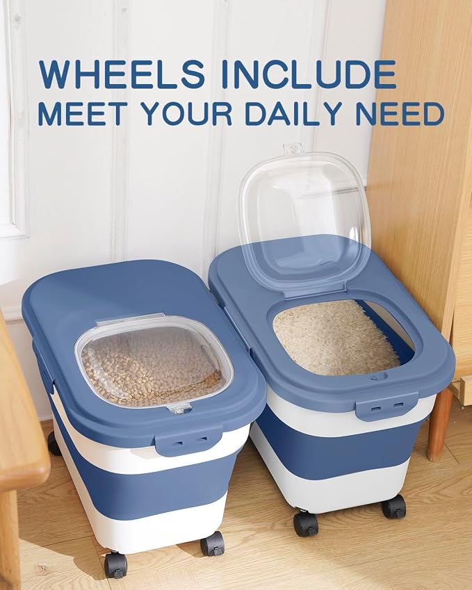 20-23 Lbs Dog Food Storage Container - Collapsible Dog Food Container with Wheels Airtight Lids, Scoop and Small Container, Pet Food Storage Dry Food For Dog, Cats and Other Pet (Blue)