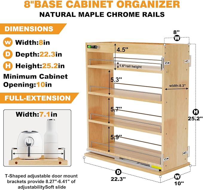 Pull Out Spice Rack Organizer for Cabinet, 8" W x 22.3" D x 25.2" H Multi-Use Solid Wood Slide Out Shelf for Kitchen Cabinet, Sliding Spice Rack for Cans & Jars, Pantry Organization