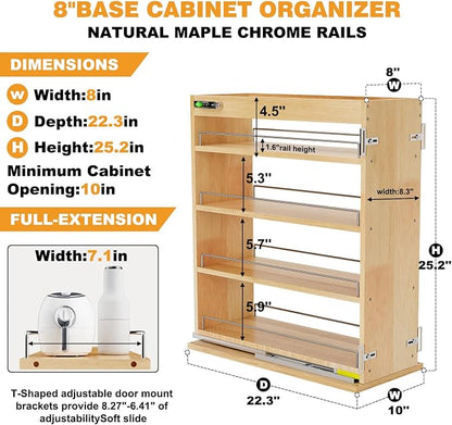 Pull Out Spice Rack Organizer for Cabinet, 8" W x 22.3" D x 25.2" H Multi-Use Solid Wood Slide Out Shelf for Kitchen Cabinet, Sliding Spice Rack for Cans & Jars, Pantry Organization
