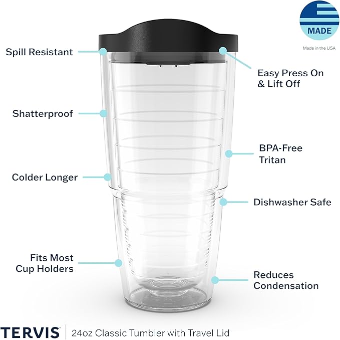 Tervis Clear & Colorful Lidded Made in USA Double Walled Insulated Tumbler Travel Cup Keeps Drinks Cold & Hot, 24oz, Clear Lid, 1 Count (Pack of 1)