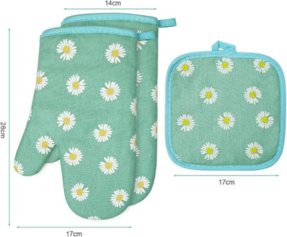 AUAUY Oven Mitts and Potholders, BBQ Gloves Heat Resistant, 1 Pair Oven Mitts and 2 Pot Holders, Cotton Non-Slip Cooking Gloves Home Essentials for Cooking Baking Kitchen Microwave Pizza (Daisy-Green)