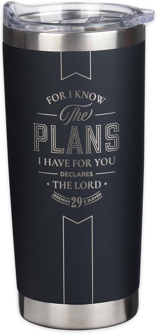 Christian Art Gifts Large Stainless Steel Inspirational Travel Tumbler for Men & Women: Know the Plans Encouraging Bible Verse, Engraved Double Wall Vacuum Insulated, Lid, 24hr Hot/Cold, Black, 18 oz.