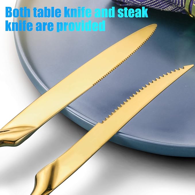 Lemeya 24-Pieces Gold Silverware Set with Steak Knives,Heavy Duty 18/10 Stainless Steel Flatware Set for 4,Modern Cutlery with Forged Stand Knives,Mirror Polished,Dishwasher Safe