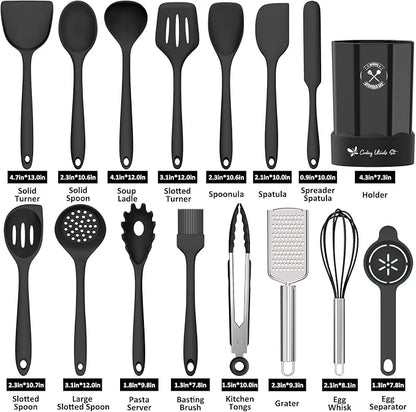 Silicone Kitchen Utensils Set, 16-Piece Silicone Cooking Utensils by Deedro, Heat Resistant Kitchen Tools Set with Holder, Nonstick Spatula Kitchen Gadgets for Cooking & Baking, Black
