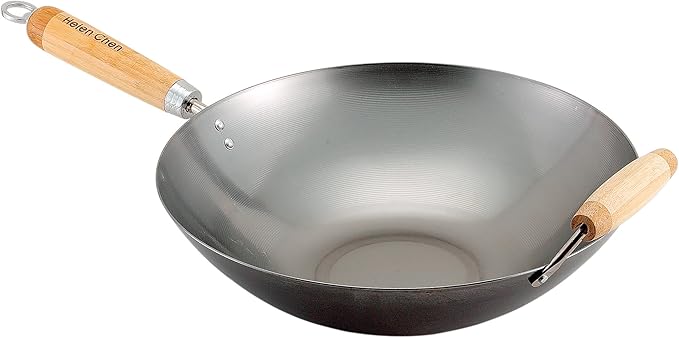 Helen's Asian Kitchen Carbon Steel Wok, 14-Inch, Flat Bottom Stir Fry Pan