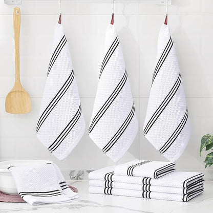 Homaxy Kitchen Towels and Dishcloths Set, 12 x 12 and 13 x 28 Inches, Set of 8 Premium Cotton Waffle Weave Kitchen Towels, Super Soft and Absorbent Dish Cloths, White & Black Stripes