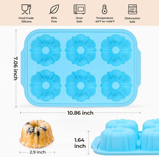 FUNBAKY Mini Fluted Tube Cake Pans for Baking with Metal Reinforced Frame, 2Pcs Silicone 6-Cavity Mini Flan Molds, Nonstick Baking Mold for Cupcake, Brownie, Donuts, Cornbread, Jello